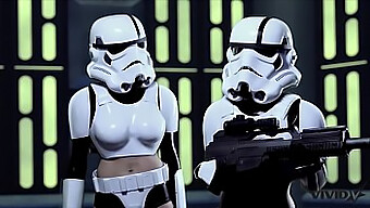 ثلاثي تأثيري مع Storm Troopers و Wookie في محاكاة Vivid