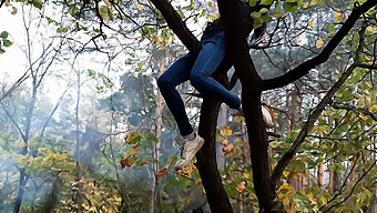 Brünette Reibt Ihre Bekleidete Muschi An Einem Baum